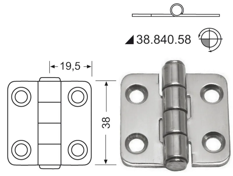 CHARNIÈRE INOX MM. 38X39 AISI 316 en acier inoxydable poli miroir.