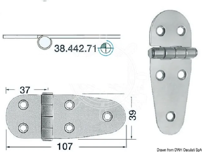 STAINLESS STEEL HINGE 107X39 mm.2 REVERSED