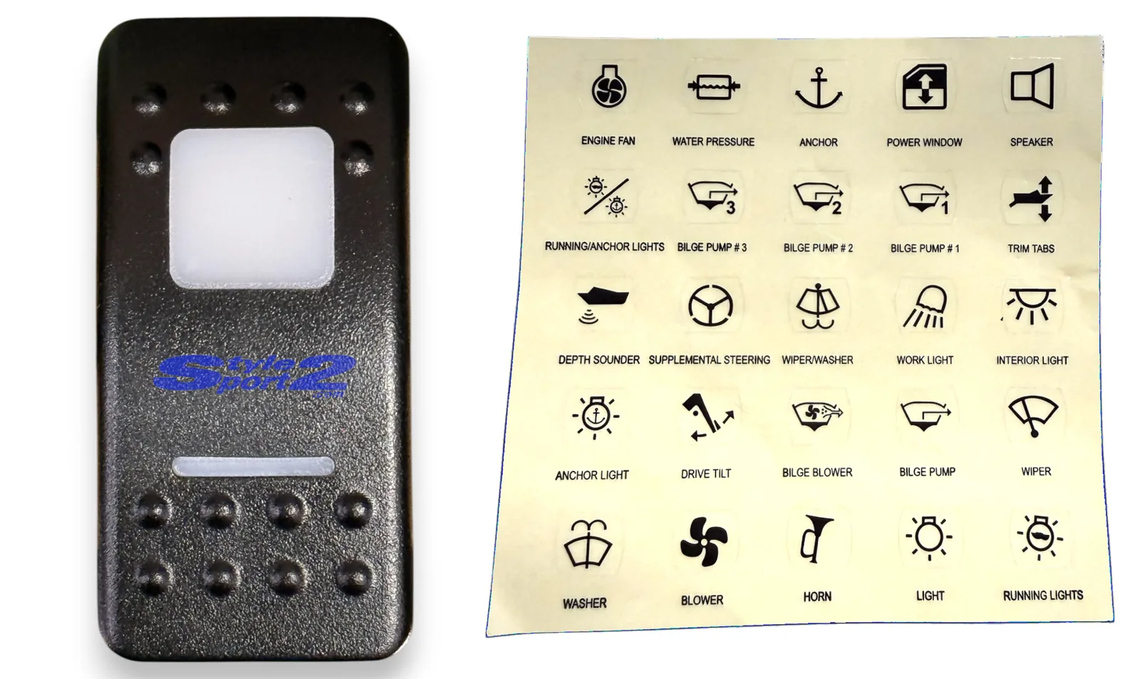 TECLA BASCULANTE NEUTRA (PARA INTERRUPTORES TIPO CARLING SWITCH) CON SÍMBOLOS ADHESIVOS